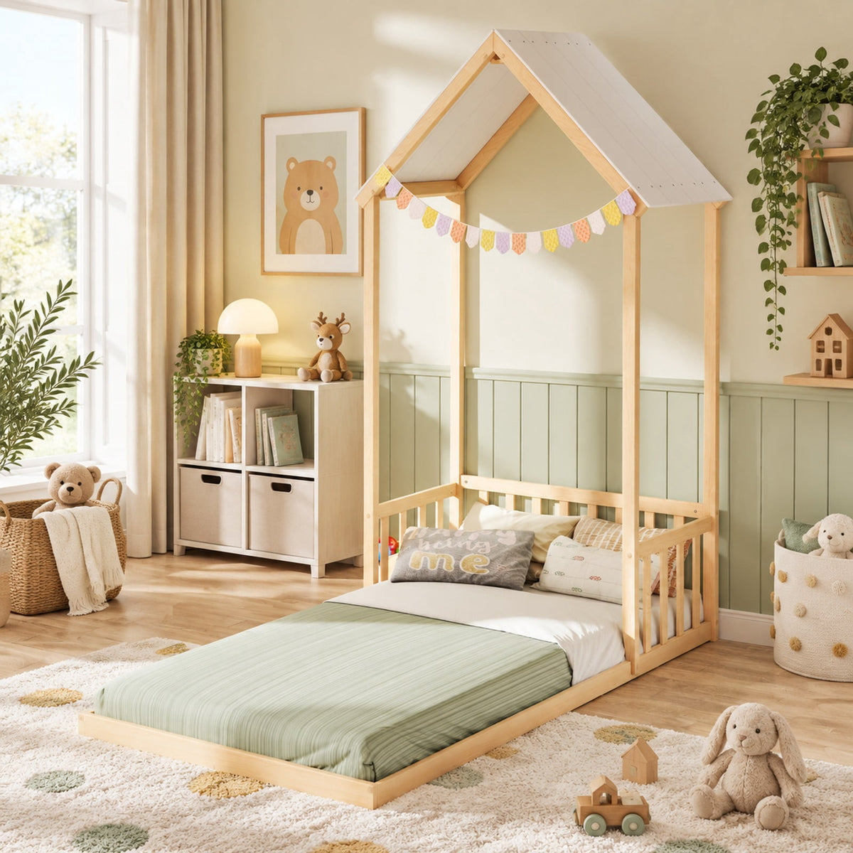 Airfind Twin Size House Bed with House Shape Roof and Semi-Fence, Pine Wood Engineered Wood Frame, 78 x 45.5 x 80.5 Footprint, Natural