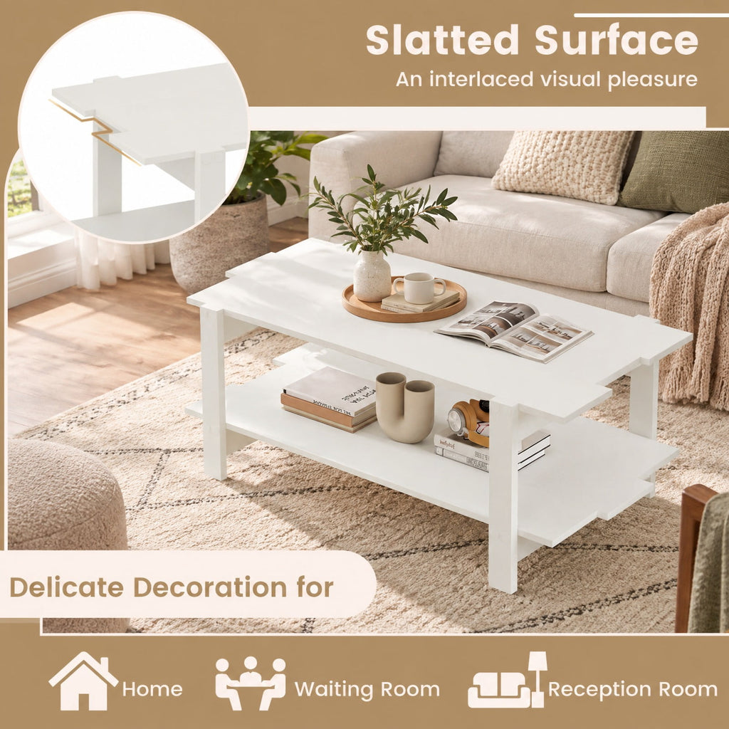 Airfind 2-Tier Coffee Table Slatted Wood Center Table with Storage Shelf, 135 lbs Capacity, Engineered Wood Frame, 45 x 23.5 x 18.5 Footprint