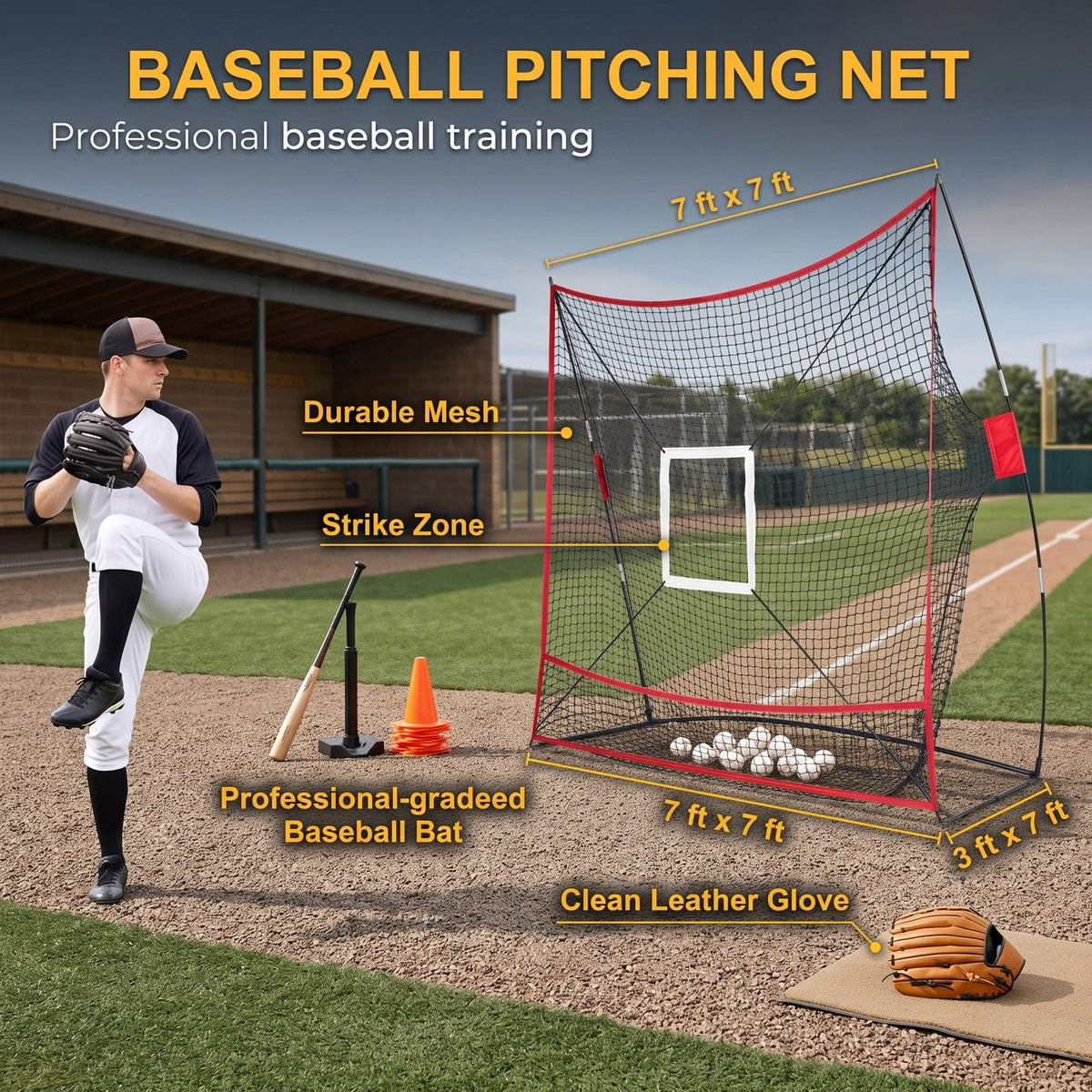 Airfind 7 x 7.4 FT Baseball Practice Net with 2 Strike Zones and Ball Collection System, Portable Pitching Batting Hitting Rebounder for Backyard, Black and Red