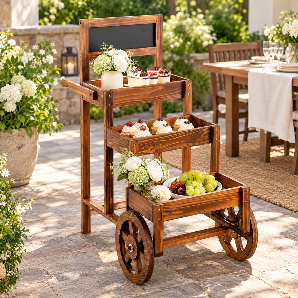 Airfind 3-Tier Carbonized Fir Wood Plant Display Stand Wooden Dessert Candy Cart, 44 lbs Capacity, 23 Inch x 39 Inch x 40 Inch Footprint, Brown