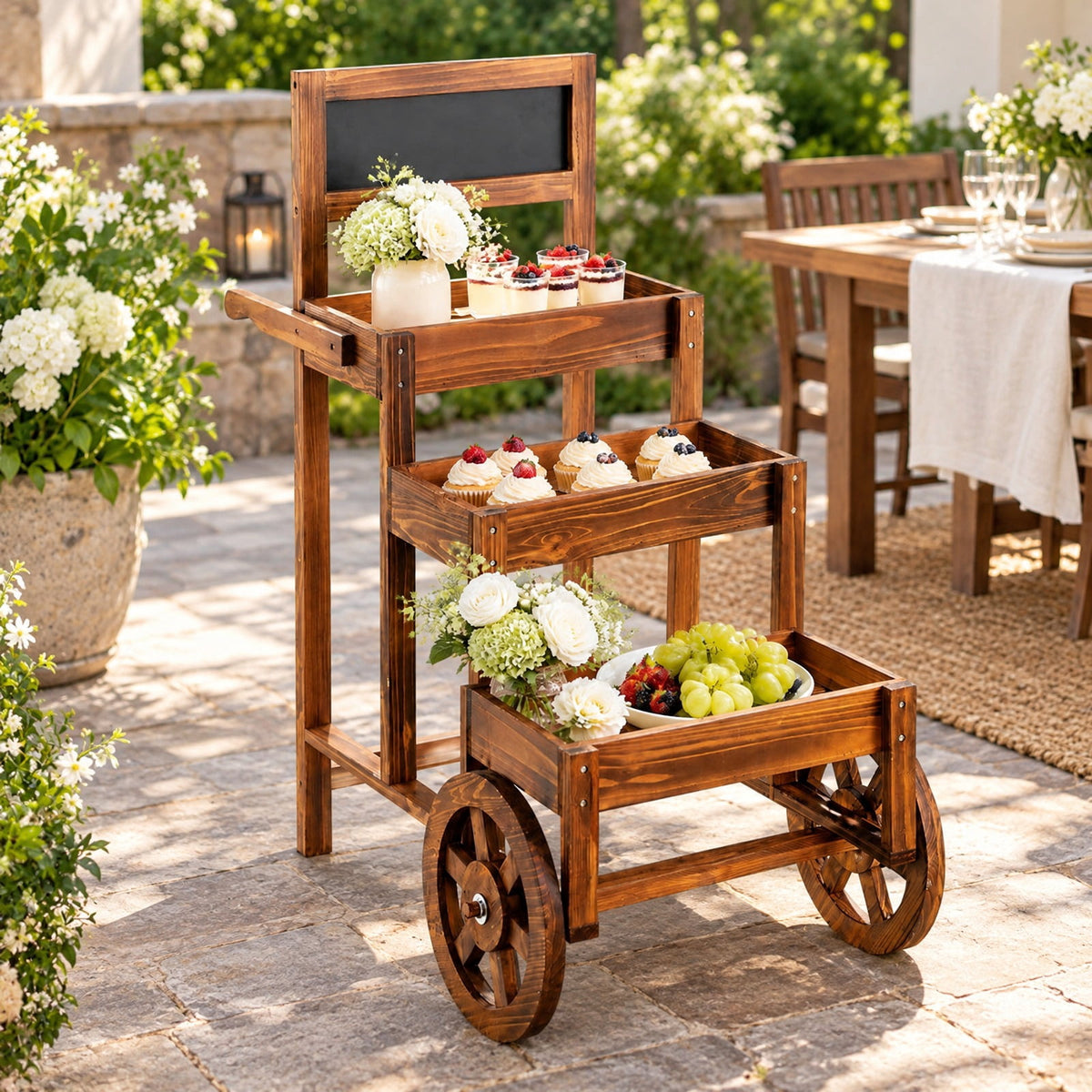 Airfind 3-Tier Carbonized Fir Wood Plant Display Stand Wooden Dessert Candy Cart, 44 lbs Capacity, 23 Inch x 39 Inch x 40 Inch Footprint, Brown