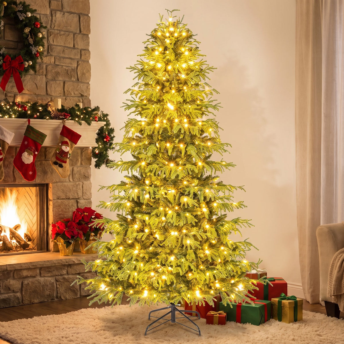 Airfind Artificial Christmas Tree with LED Lights and PVC Mixed Branch Tips-7, TPE PVC Metal Tree Height 6/7/8 ft Tree Width 3.9/4.3/4.7 ft Frame