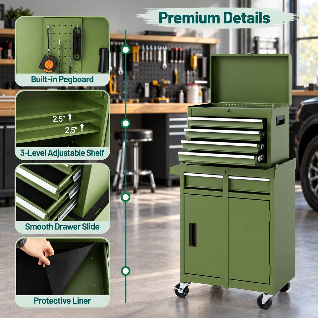 Airfind 2-in-1 Rolling Tool Chest with 5 Sliding Lockable Drawers, 220.5 lbs Capacity, Steel rubber-plastic synthetic Frame, Green