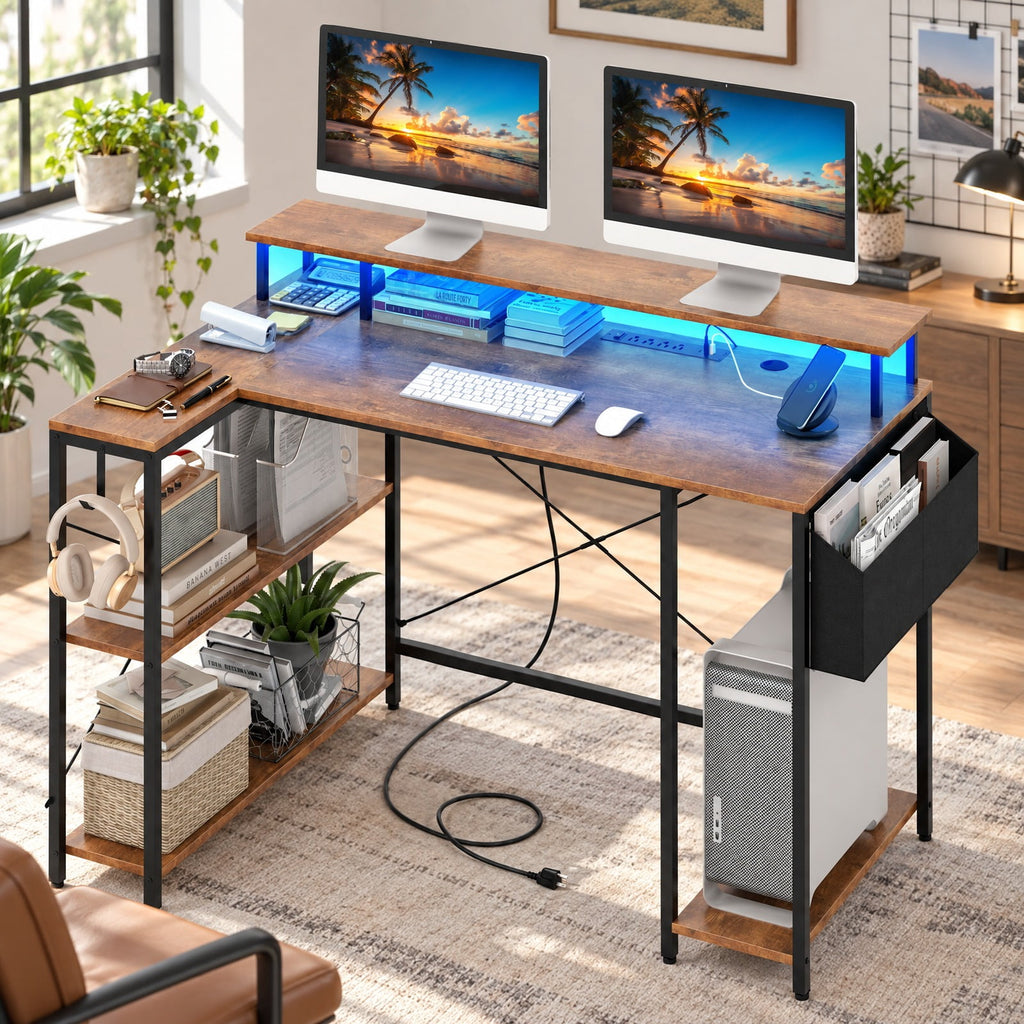 Airfind L-Shaped Gaming Desk with LED Lights and Power Outlets, 200 lbs Capacity, Engineered Wood Metal Frame, 48 x 31.5 x 34.5 Footprint, Brown