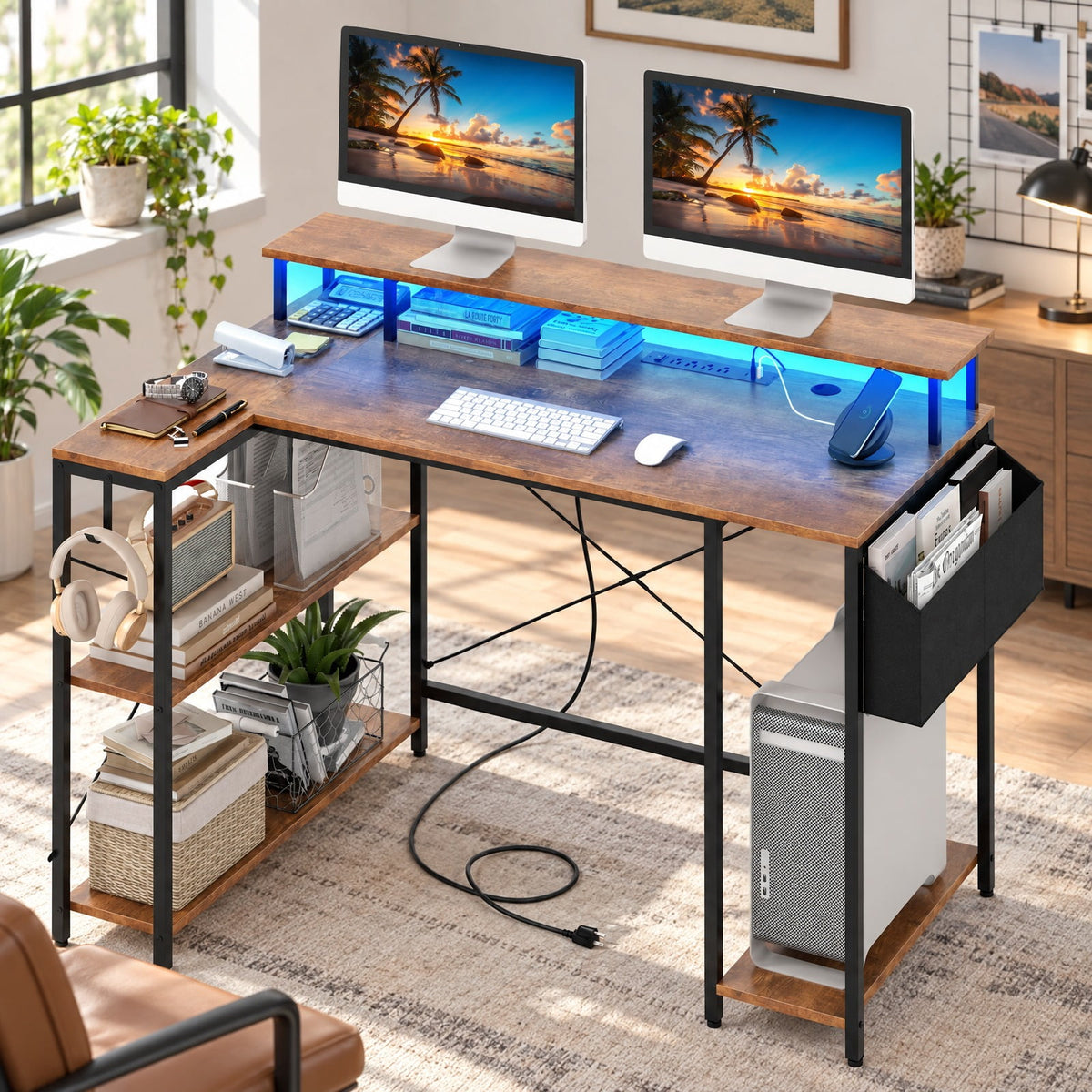 Airfind L-Shaped Gaming Desk with LED Lights and Power Outlets, 200 lbs Capacity, Engineered Wood Metal Frame, 48 x 31.5 x 34.5 Footprint, Brown