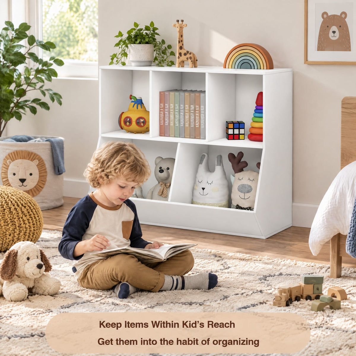 Airfind 5-Cube Wooden Kids Toy Storage Organizer with Anti-Tipping Kits, 110 lbs Capacity, MDF Engineered Wood Frame, 35.5 Inch x 16 Inch x 30 Inch Footprint