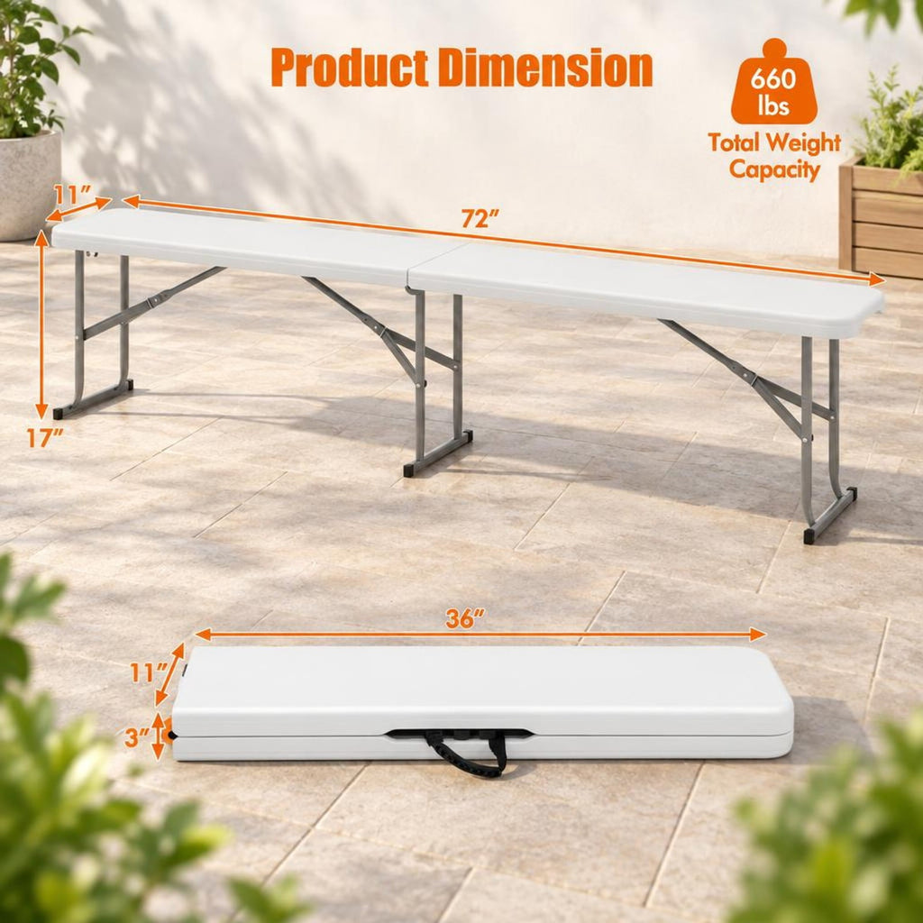 AIRFIND Folding Bench, 6 ft Portable HDPE Picnic Seat with Carrying Handle, Locking Metal Legs and Non-Slip Feet, 660 lb Capacity, White