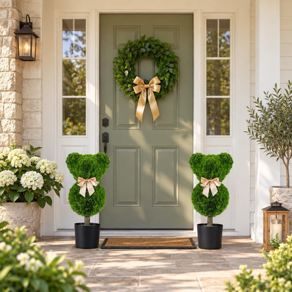 Airfind 2 Pieces Bear Topiary Trees with Pots Sun-resistant Bear, PE PP Cement Frame, 10 Inch x 9 Inch x 24.5 Inch Pot Footprint, Green + Golden