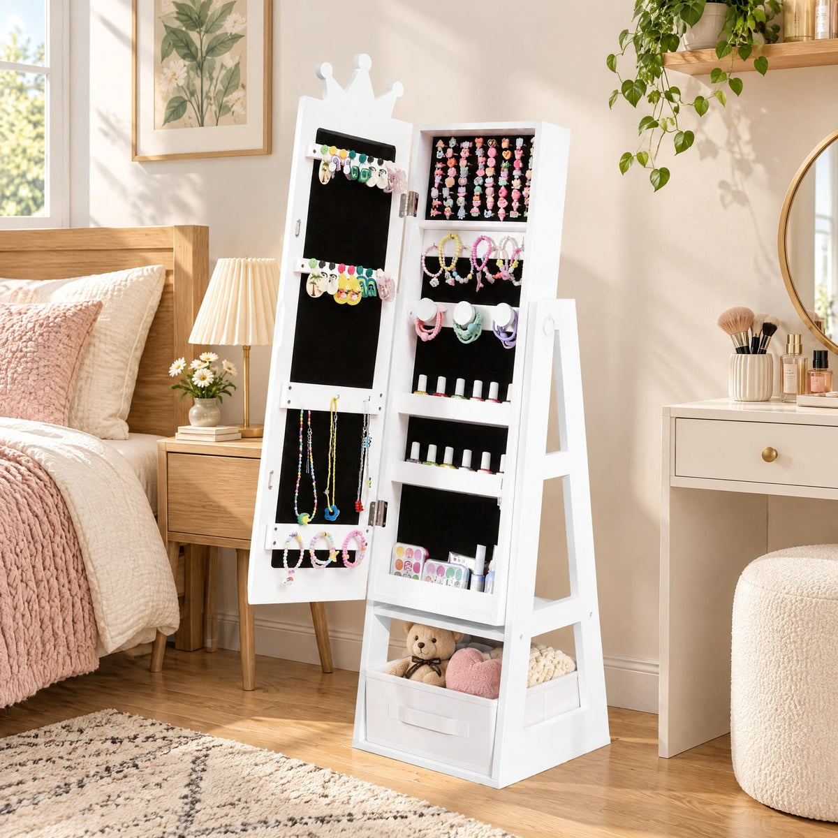 Airfind Free-Standing Full Length Kids Jewelry Armoire Cabinet with Storage Capacity, MDF Frame, 12.5 Inch x 12 Inch x 45.5 Inch Footprint, White