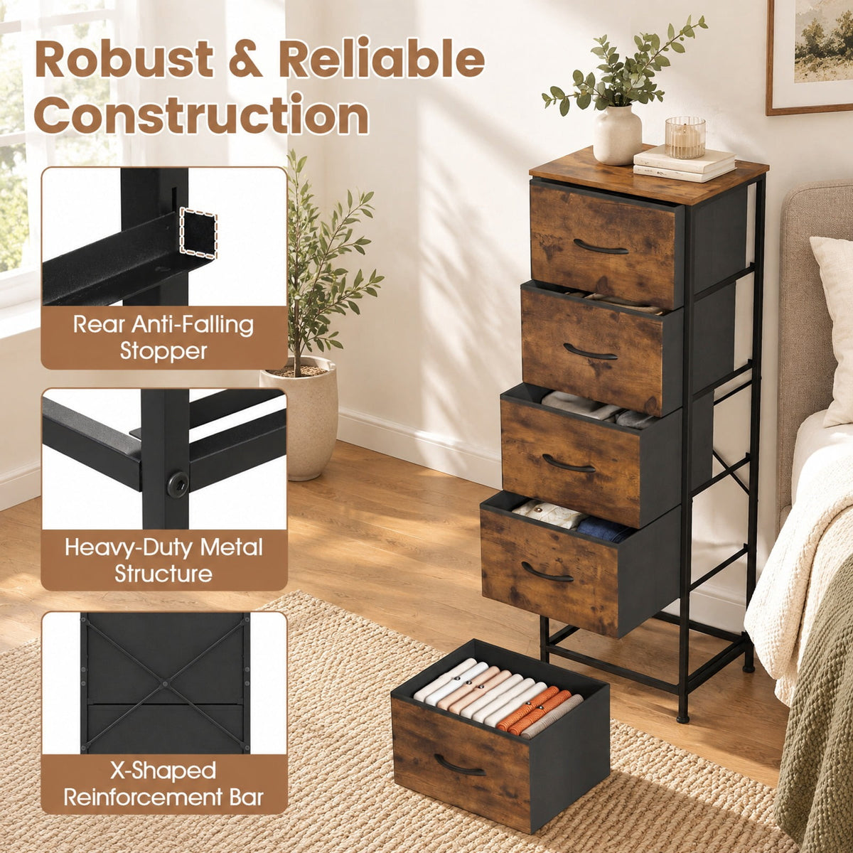 Airfind Dresser Nightstand with 5 Roomy Fabric Drawers for Bedroom, 130 lbs Capacity, Metal Engineered Wood Non-Woven Fabric Frame, Brown