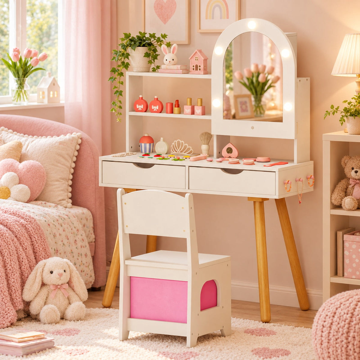 Airfind Kids Vanity Set Pretend Play Dressing Table Set with 3-Color Lighting Modes Adjustable Brightness and Mirror Cabinet, 44 lbs Capacity, White