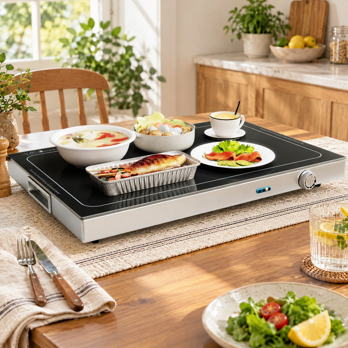Airfind Electric Warming Tray with Adjustable Temperature and Built, Tempered Glass Stainless Steel Galvanized Steel Frame, Black and Silver