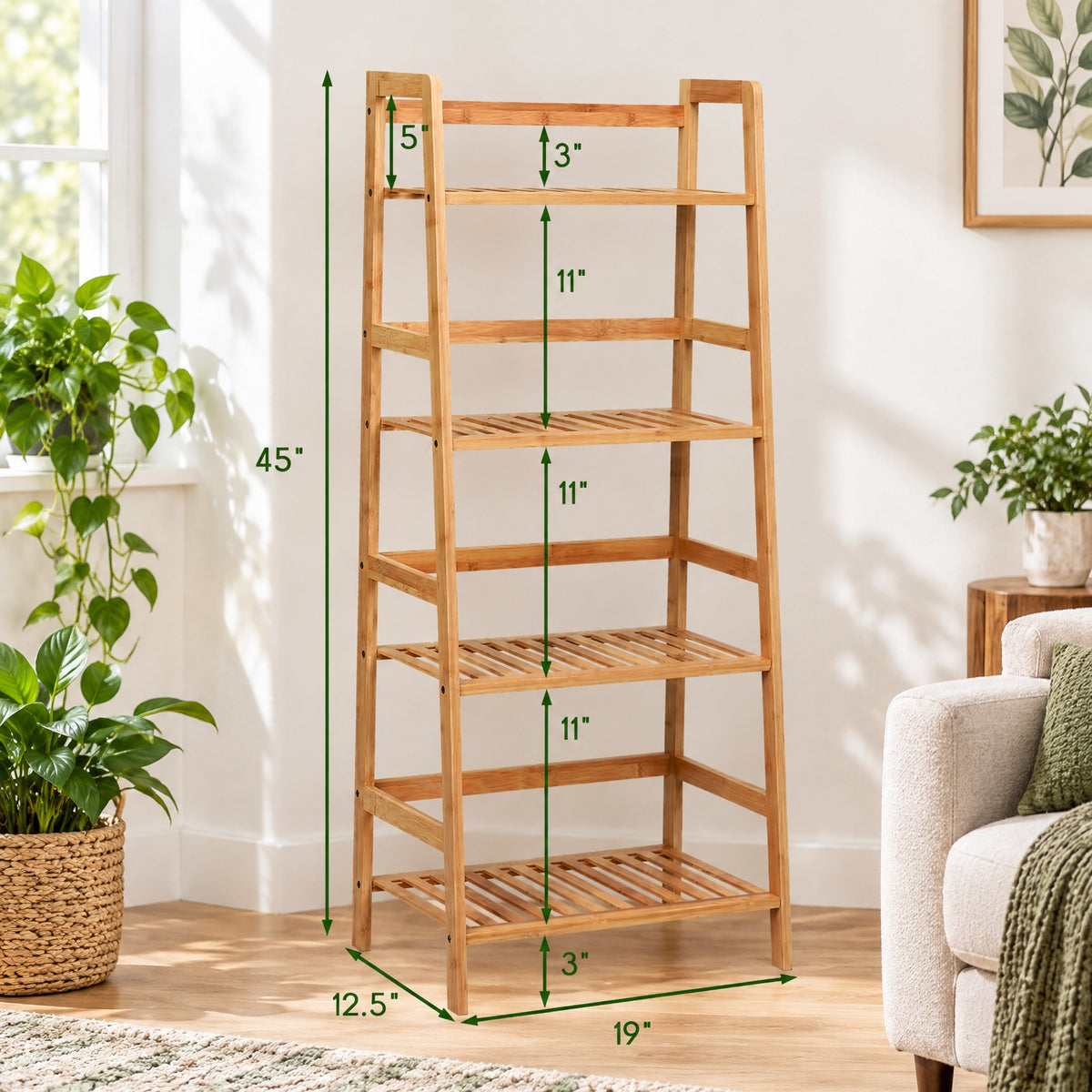 Airfind 4-Tier Bamboo Plant Rack with Guardrails Stable and Space-Saving, 22 lbs per tier Capacity, Bamboo Frame, 19 x 12.5 x 45 Footprint