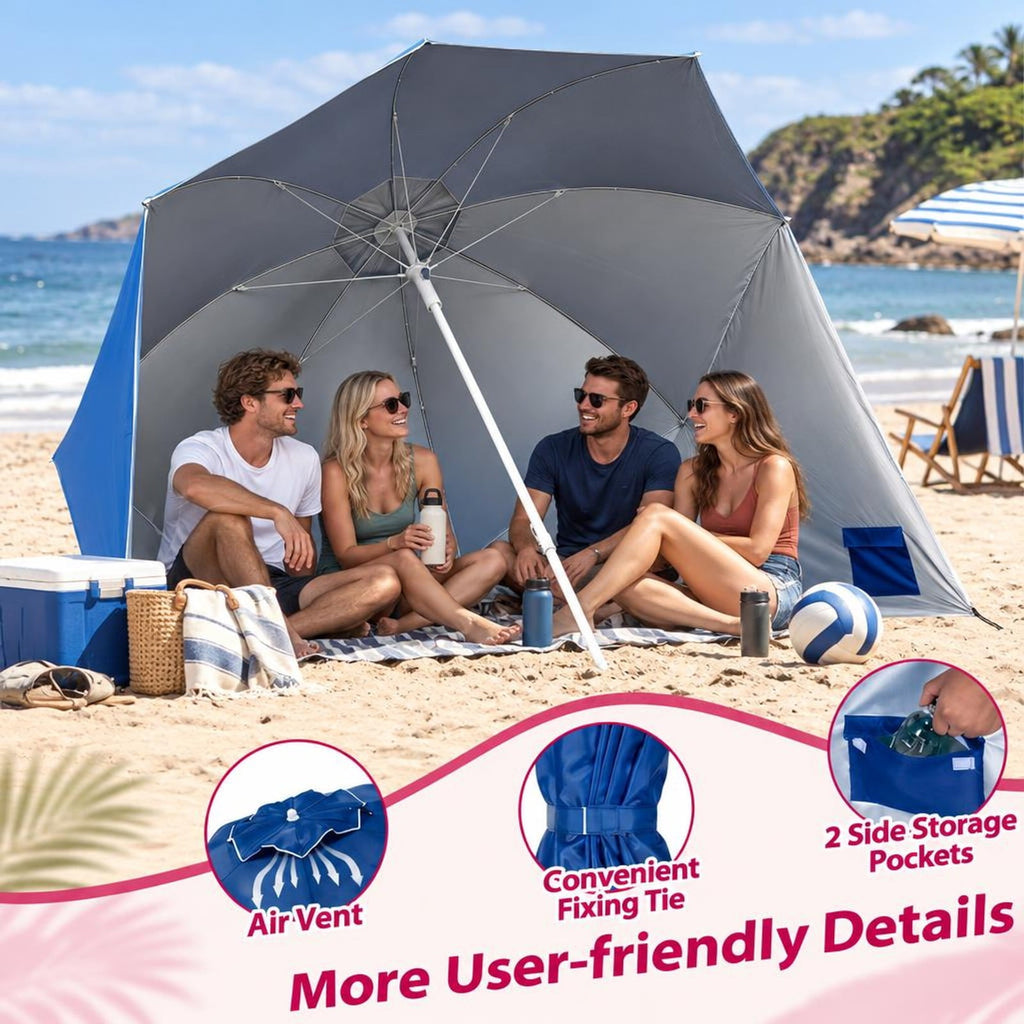 Airfind 2-in-1 Beach Shelter Umbrella UPF 50+ with Side Panels for Camping Picnic, Oxford Cloth Fiberglass Pole Metal PP Frame, Blue
