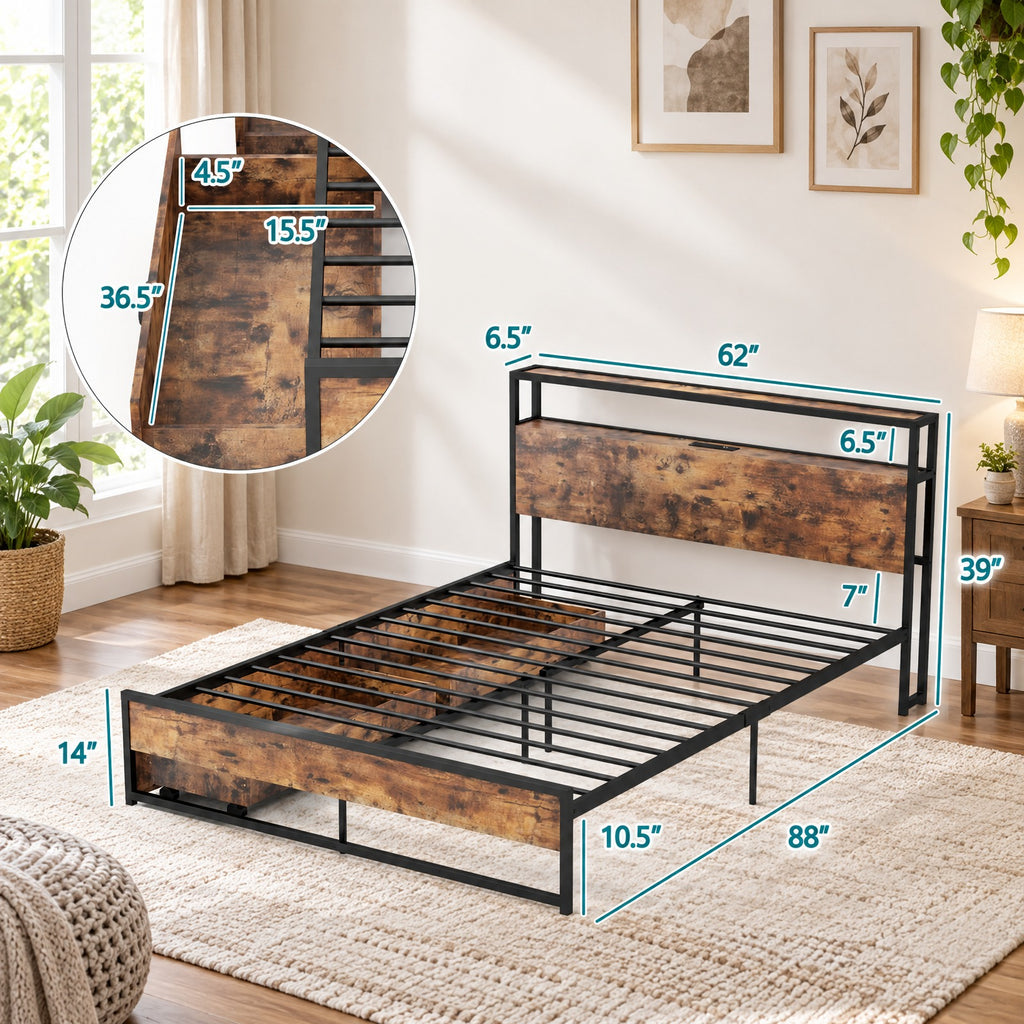 Airfind Queen Size Bed Frame with 2-Tier Storage Headboard and Charging Station, 600 lbs Capacity, Metal MDF Frame, 82.5 Inch x 55.5 Inch x 39 Inch Footprint