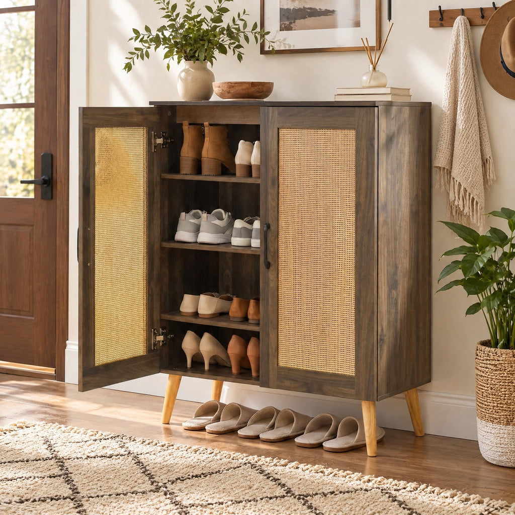 Airfind 5-Tier Rattan Shoe Cabinet with 3 Removable Shelves, 155 lbs Capacity, Engineered Wood Rattan Rubber Wood Frame, 29.5 x 14x 37 Footprint