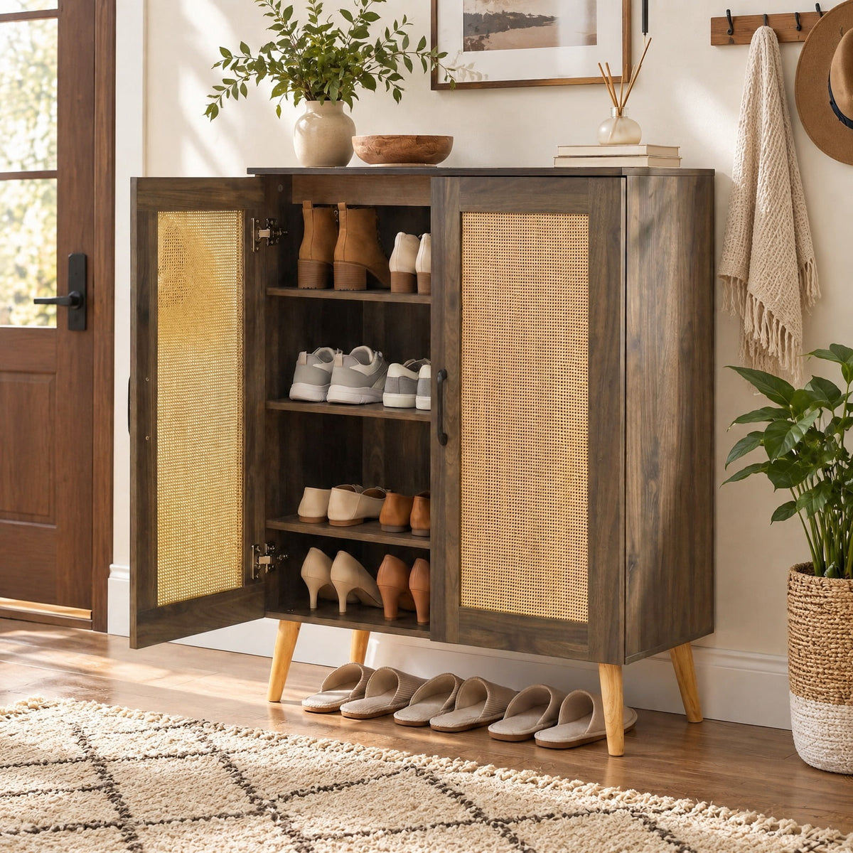 Airfind 5-Tier Rattan Shoe Cabinet with 3 Removable Shelves, 155 lbs Capacity, Engineered Wood Rattan Rubber Wood Frame, 29.5 x 14x 37 Footprint