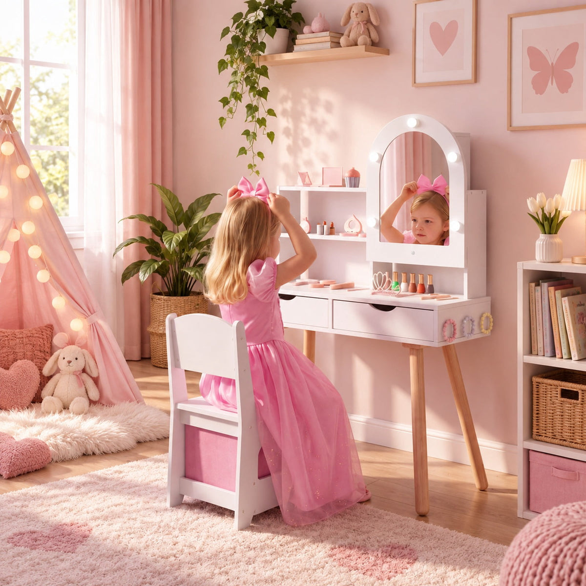 Airfind Kids Vanity Set Pretend Play Dressing Table Set with 3-Color Lighting Modes and Mirror Cabinet, 44 lbs Capacity, MDF Frame, White