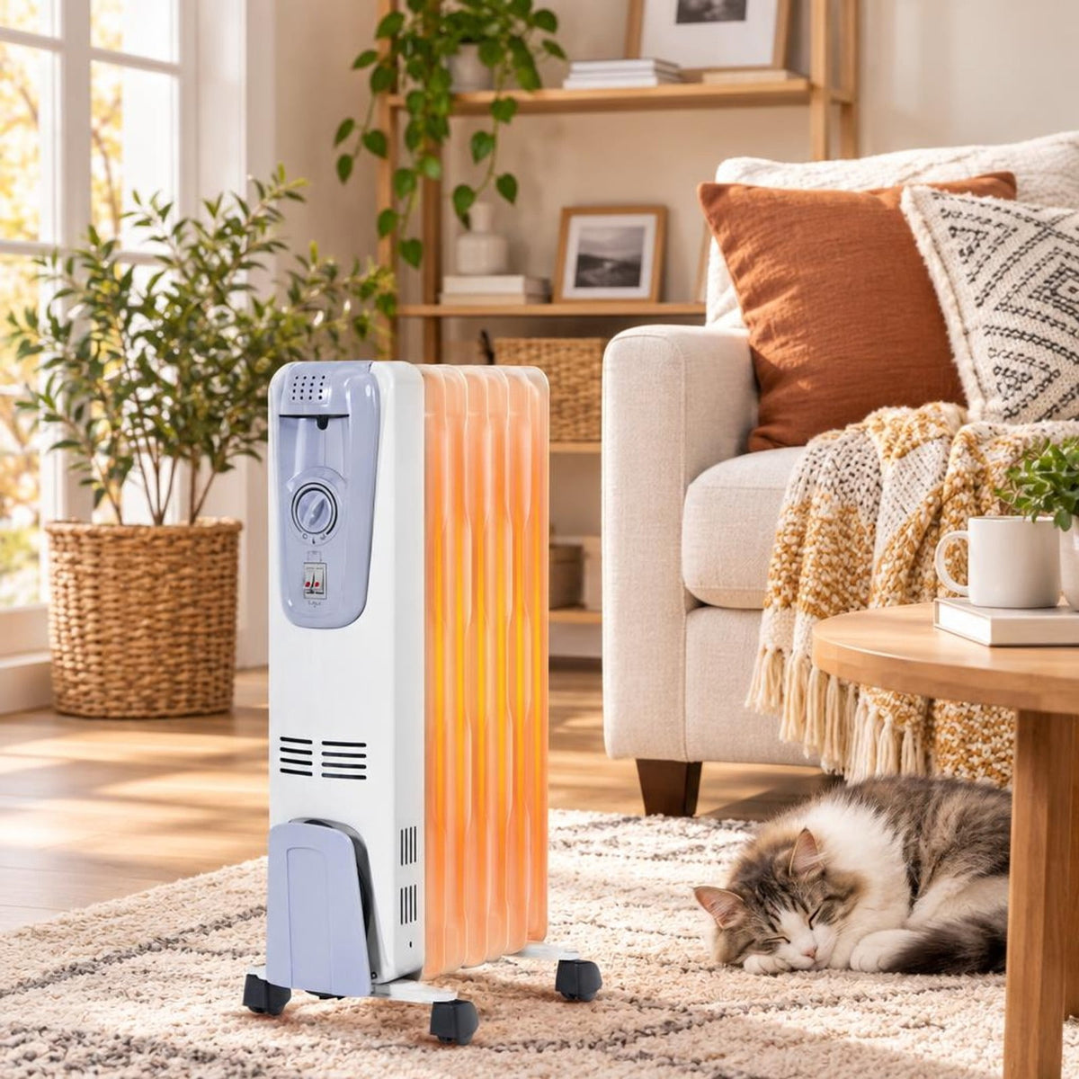 Airfind 1500W Oil Filled Radiator Heater with Thermostat and 4 Wheels for Living Room and Office, Steel Frame for Everyday Use, White