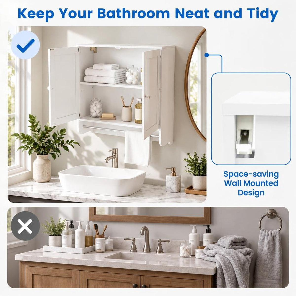 Airfind Wall Mounted Bathroom Storage Medicine Cabinet with Towel Bar, 100 lbs Capacity, Engineered Wood Frame, White