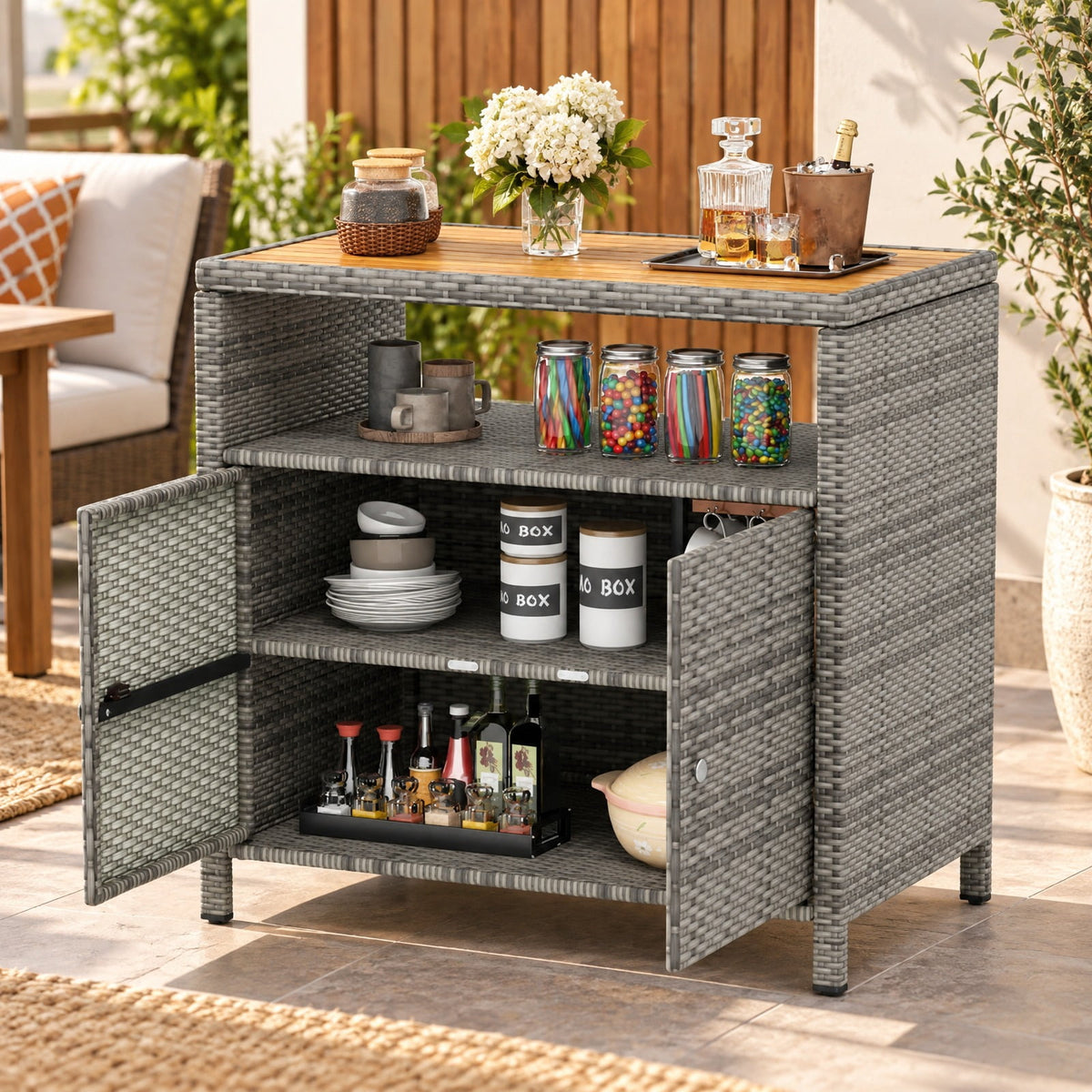 Airfind Rattan Storage Cabinet with Acacia Wood Countertop for Poolside Deck and Patio, 100 lbs Capacity, PE Rattan Acacia Wood Metal Frame, Gray