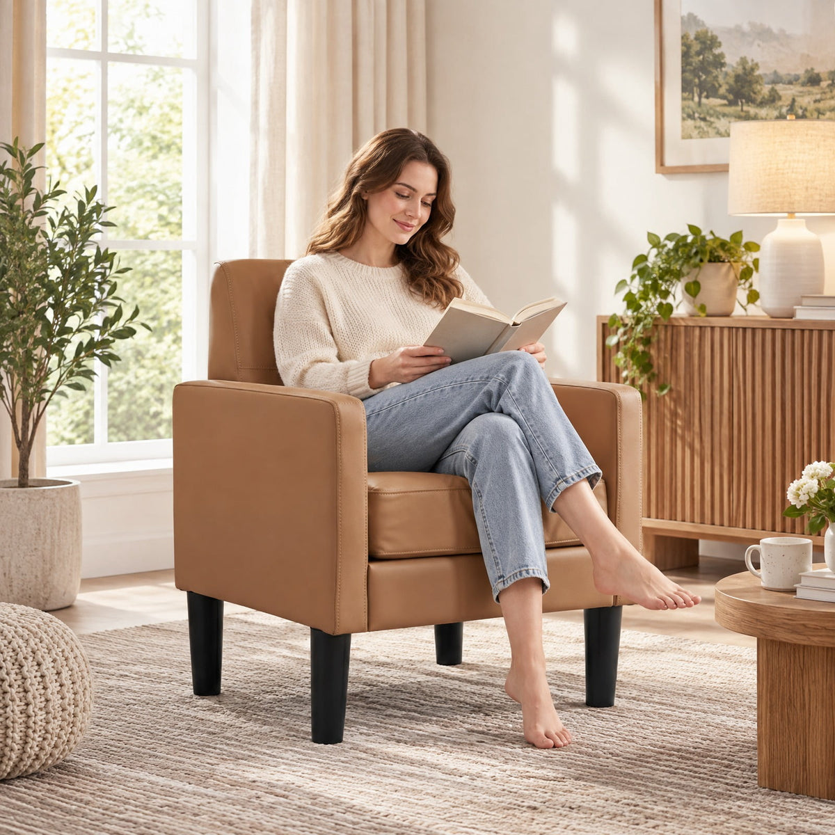 Airfind PU Leather Modern Accent Chair with Removable Seat Cushion, 350 lbs Capacity, PU Leather Sponge Plywood Plastic Frame, Brown