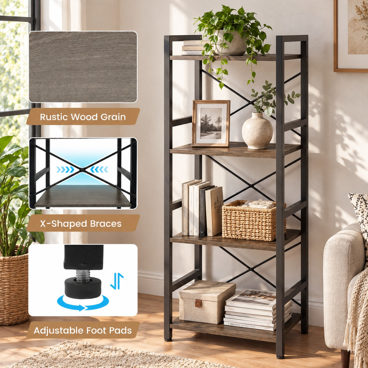 Airfind 4-Tier Bookshelf Narrow Freestanding Display Shelf with Metal Frame, 132 lbs Capacity, Engineered Wood Metal Frame, Rustic Brown + Black