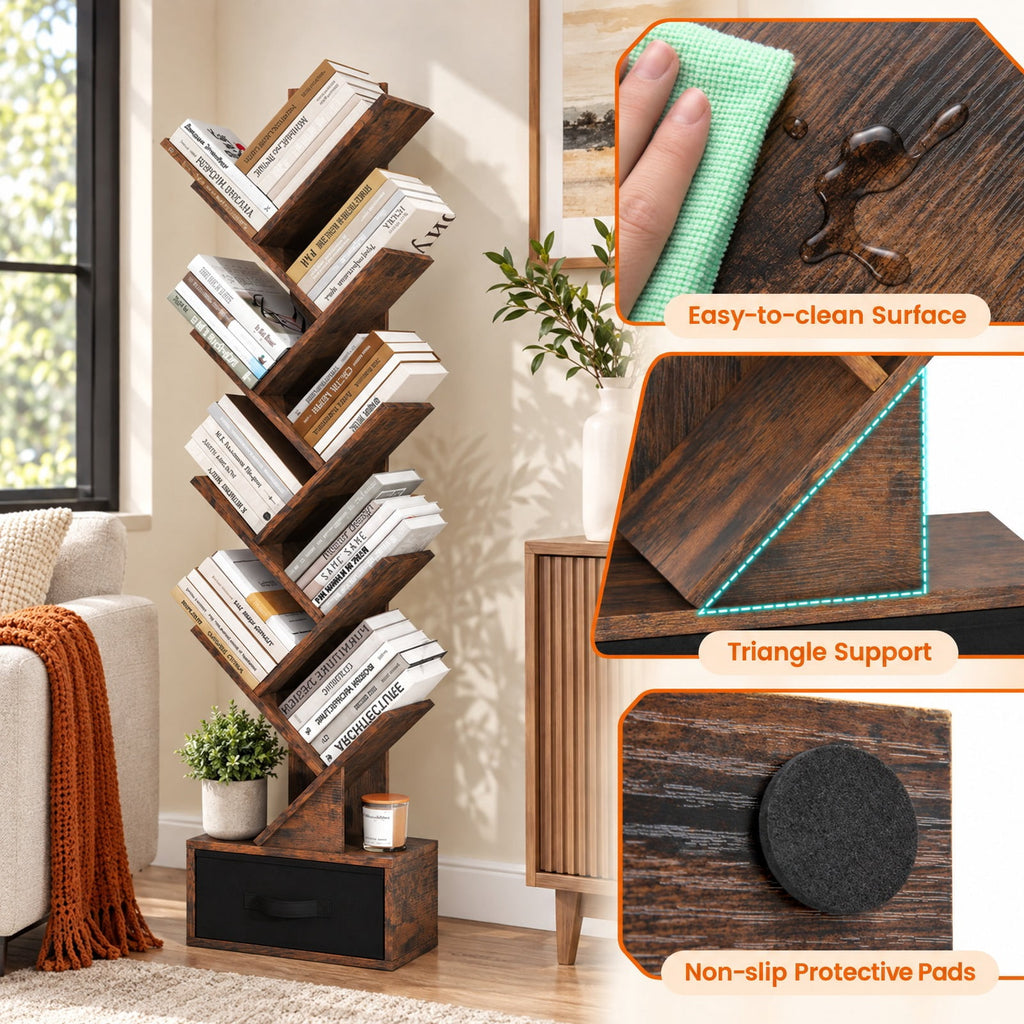 Airfind 10-tier Tree Bookshelf with Drawer Free, 26.5 lbs Capacity, 13 x 7 x 5.5 (L x W x H)Overall Footprint, Rustic Brown Black