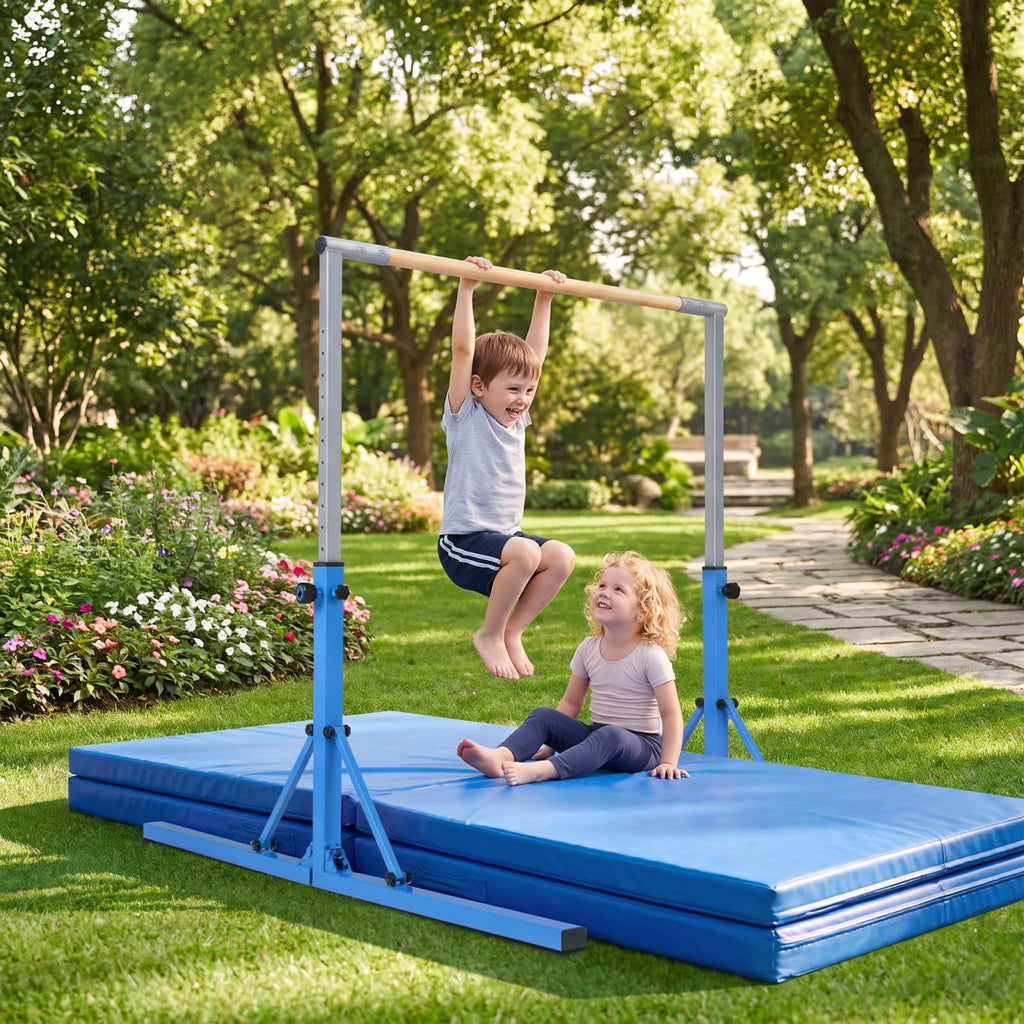 Airfind Foldable Gymnastics Bar for Kids with 3 Level Adjustable Height and Bamboo Grip Bar for Home Balance and Coordination Training, Blue
