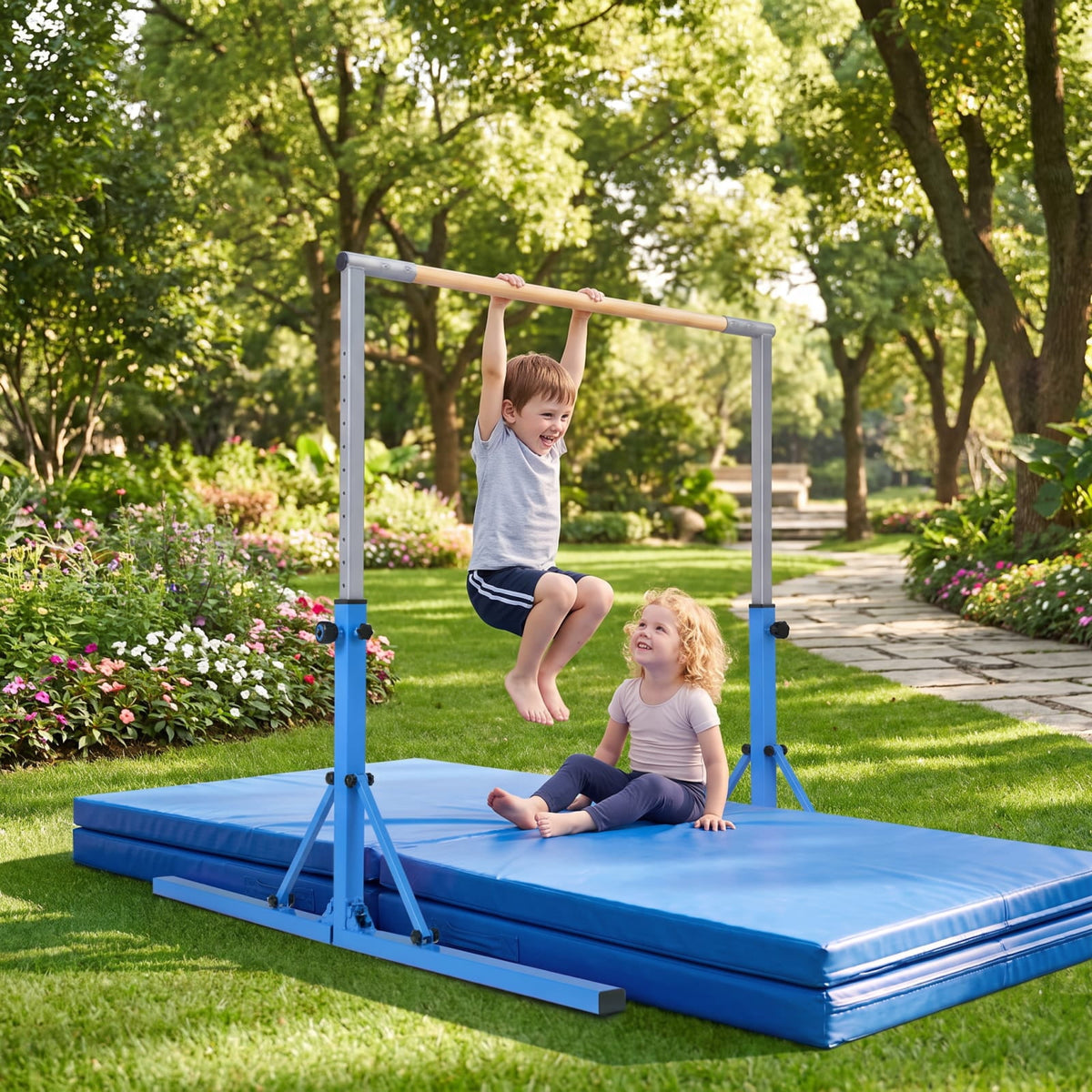 Airfind Foldable Gymnastics Bar for Kids with 3 Level Adjustable Height and Bamboo Grip Bar for Home Balance and Coordination Training, Blue