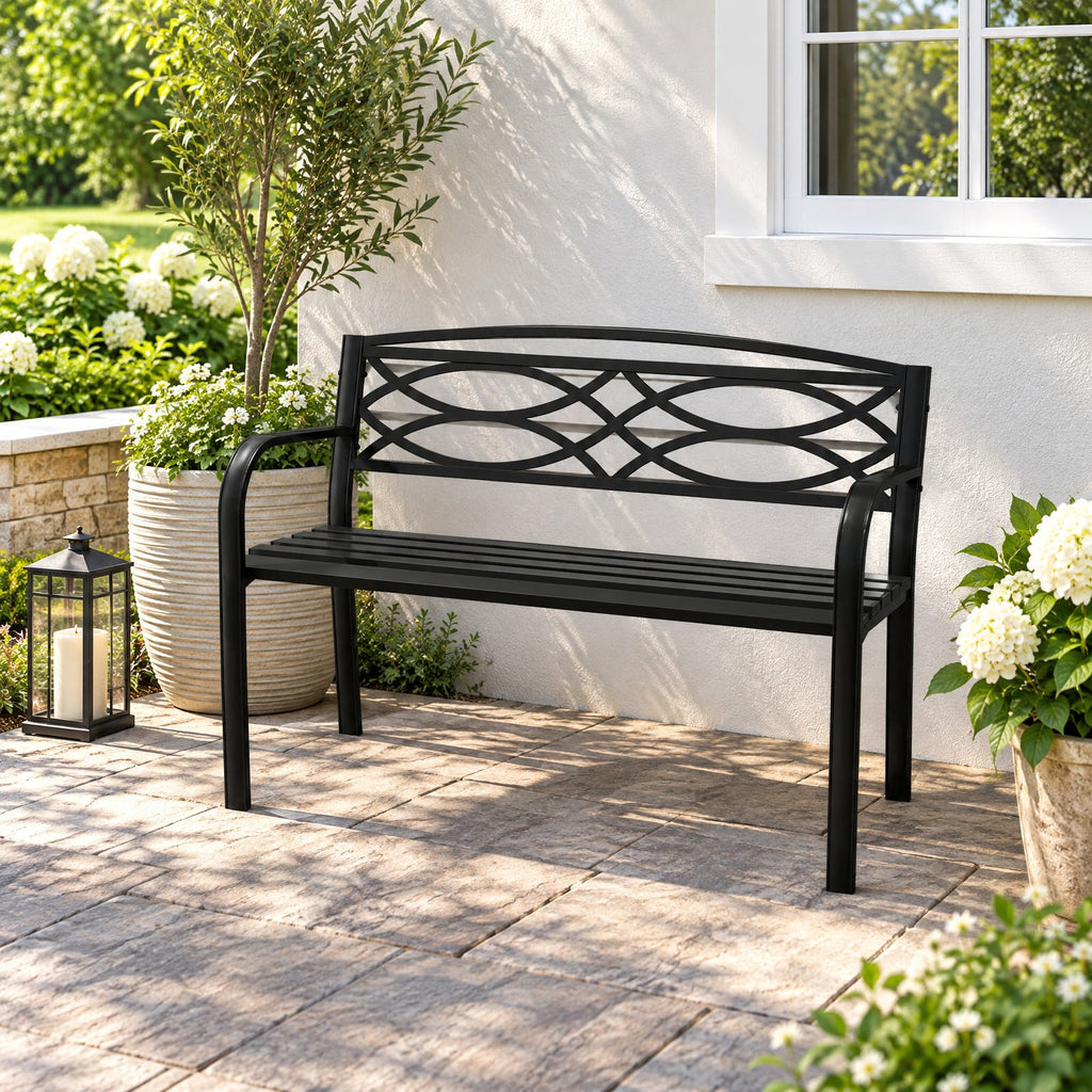 Airfind Garden Bench with Curved Armrests and Backrest, 660 lbs Capacity, Metal Frame, 19.5 x 45.5 x 32.5 Footprint, Black