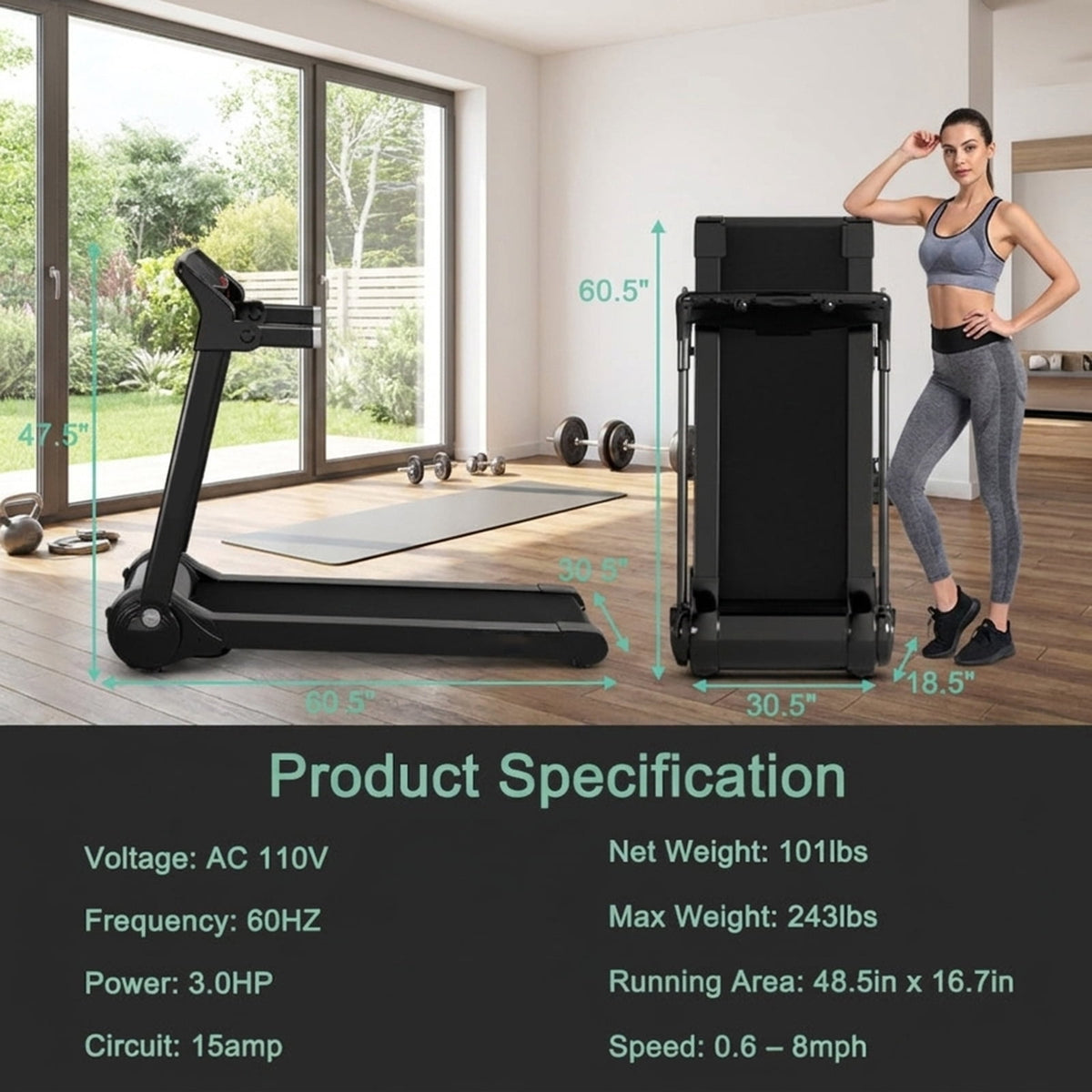 Airfind 3-in-1 Folding Treadmill with Incline 3 HP Walking Treadmill for Home with Smart App and Bluetooth Speaker and Heart Rate Monitor, Blue