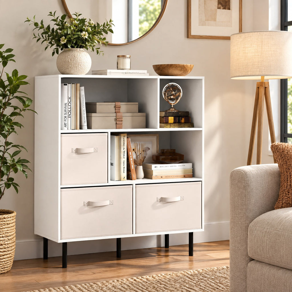 Airfind 6-Cube Bookshelf with 3 Removable Folding Fabric Drawers for Living Room, 330 lbs Capacity, Metal Engineered Wood Frame, White