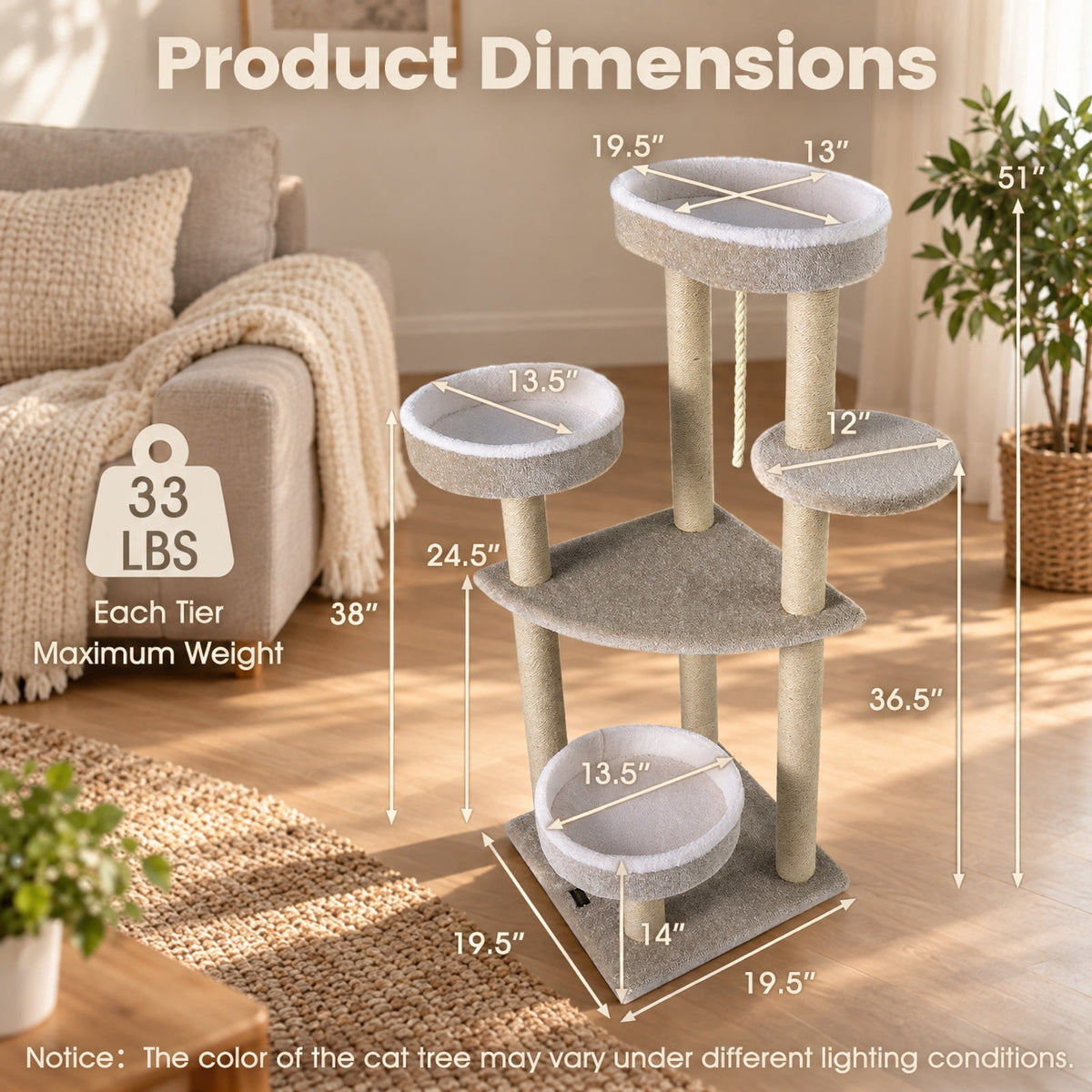 Airfind 51inCarpeted Cat Tree with Comfy Plush Perches for Indoor Cats, 33 lbs Capacity, Beige, Size 19.5in x 19.5in Top Perch