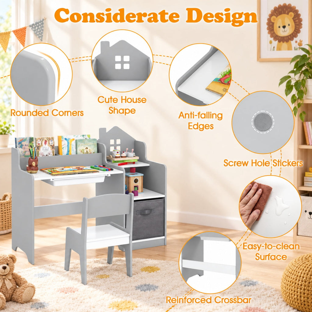 Airfind Kids Study Desk and Chair Set with Open Shelves Drawer and Fabric Storage Bin, 44 lbs Capacity, MDF Non-woven Fabric Desk Frame, Gray