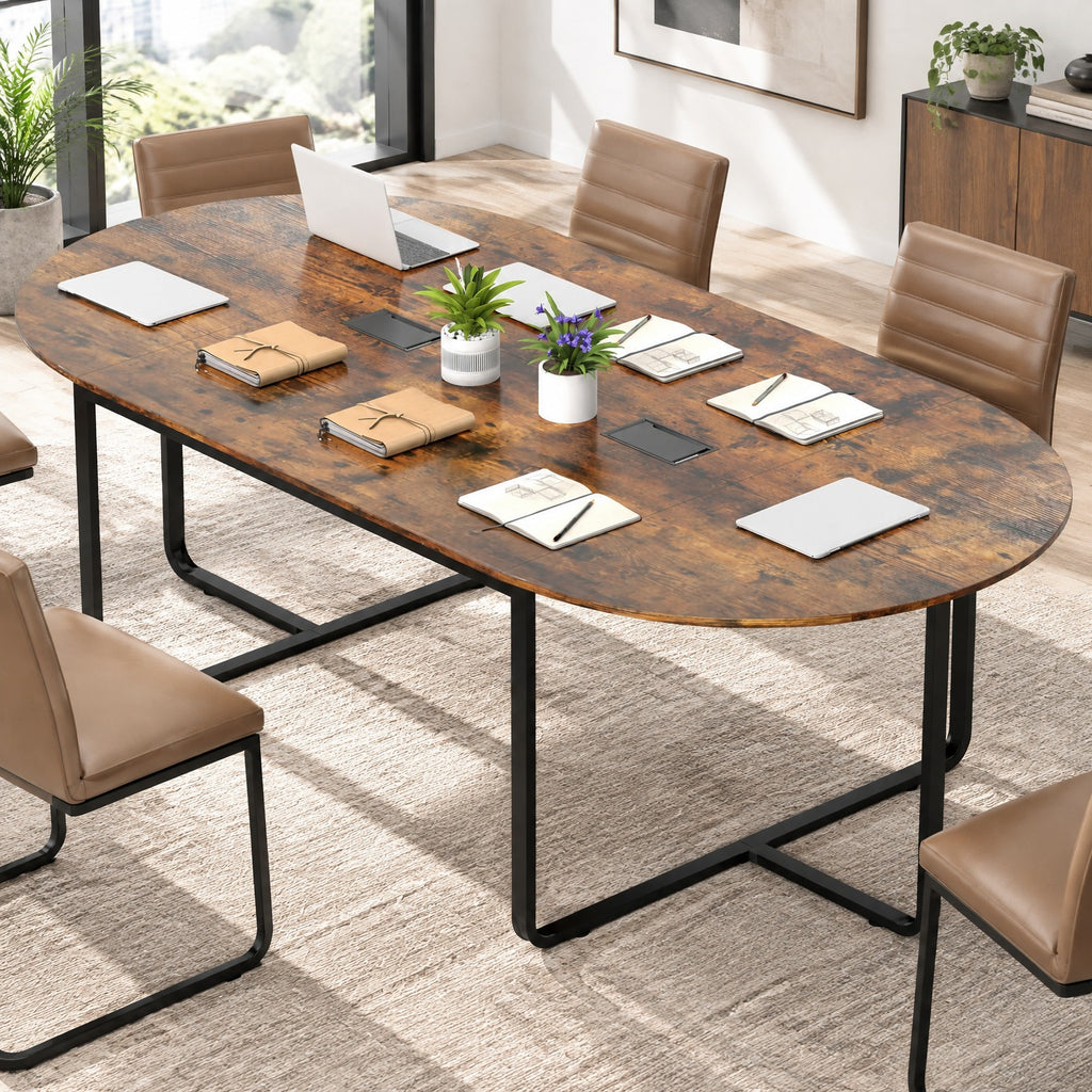 Airfind Oval Conference Industrial Executive, 95 Inches, Table with Dual Cable Holes, 265 lbs Capacity, Engineered Wood Metal Frame, Brown