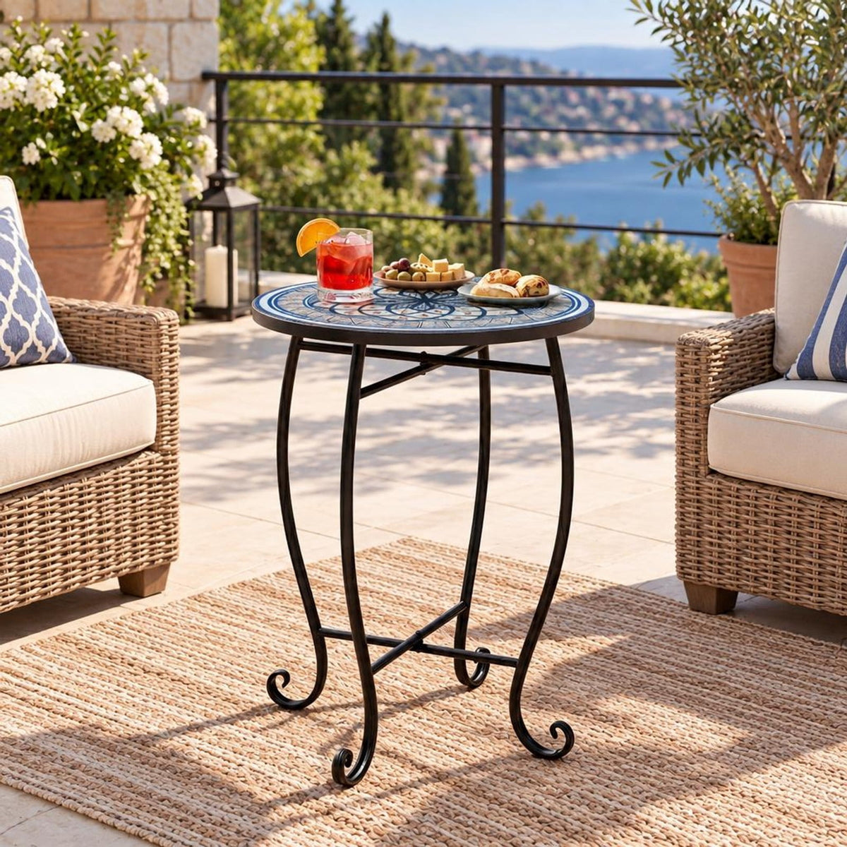 Airfind 14 Inch Floral Clover/Blooming Lotus/Bright Sunflower Mosaic Patio Accent Coffee End Table, 35 lbs Capacity, Metal Frame, 14 Inch x 20 Inch Footprint