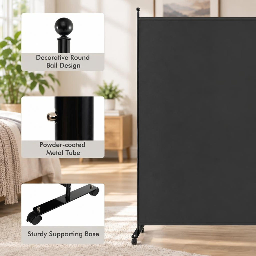 Airfind 6 Feet Single Panel Rolling Room Divider with Smooth Wheels, Metal polyester Frame, 73 x 12 x 73 Footprint, Dark Gray