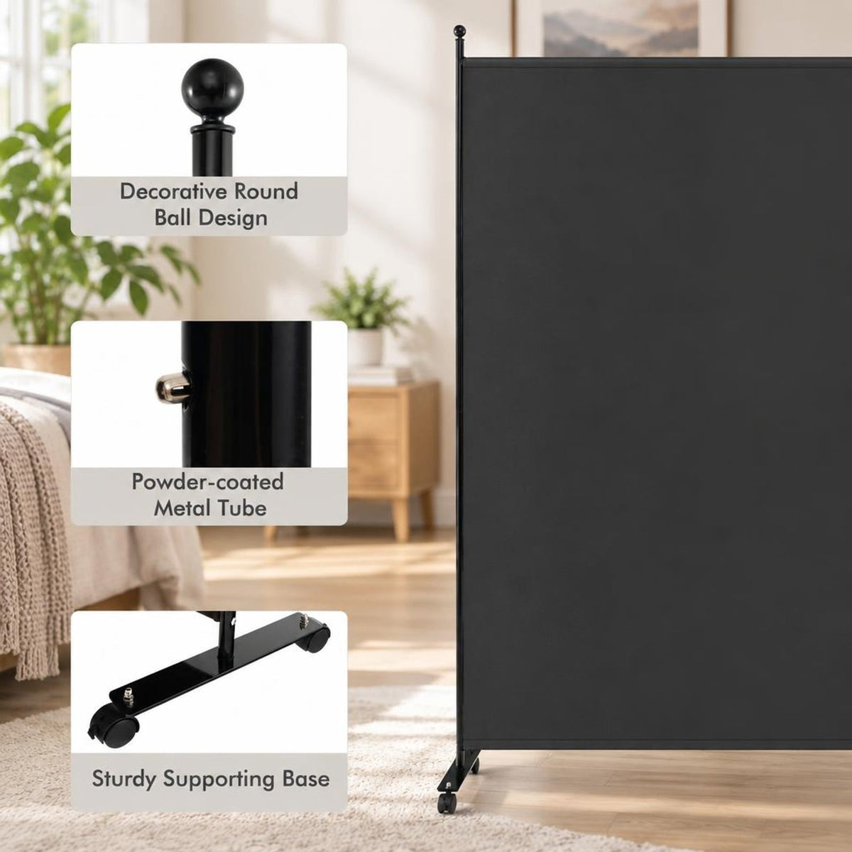 Airfind 6 Feet Single Panel Rolling Room Divider with Smooth Wheels, Metal polyester Frame, 73 x 12 x 73 Footprint, Dark Gray