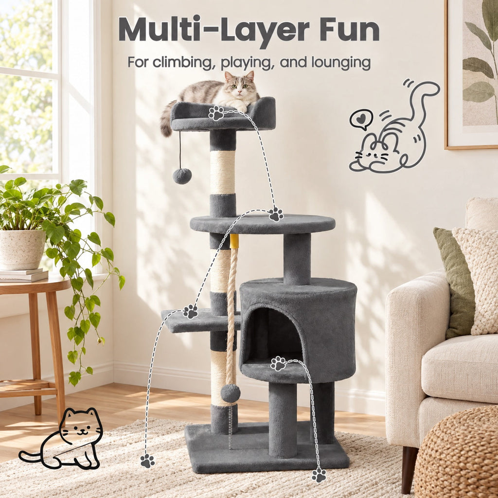 Airfind 36 Inch Tall Kitten Tower with Condo and Plush Perch, 22 lbs Capacity, Engineered Wood Sponge Plush Fabric Sisal Base Frame, Light Gray