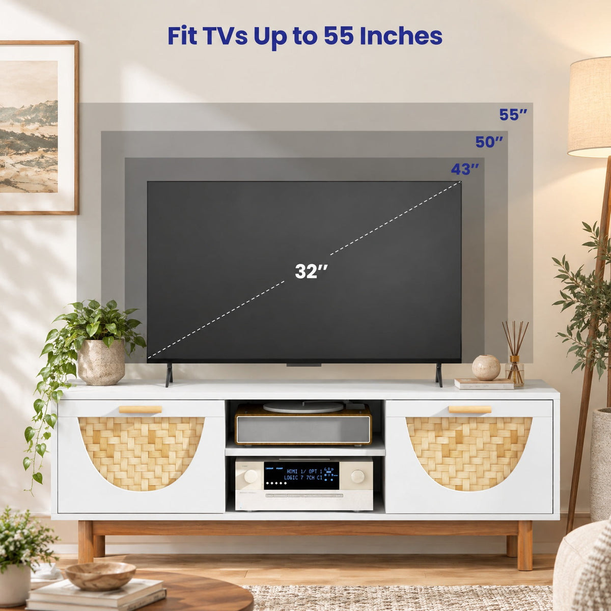 Airfind Mid Century Modern TV Stand Entertainment Center for 55-Inch TV with 2 Drawers and Bamboo Woven Fronts, MDF Frame, White