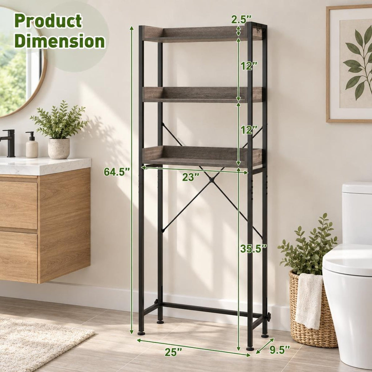 Airfind Over The Toilet Storage Rack with Hooks and Adjustable Bottom Bar, Metal Engineered Wood Frame, Grey