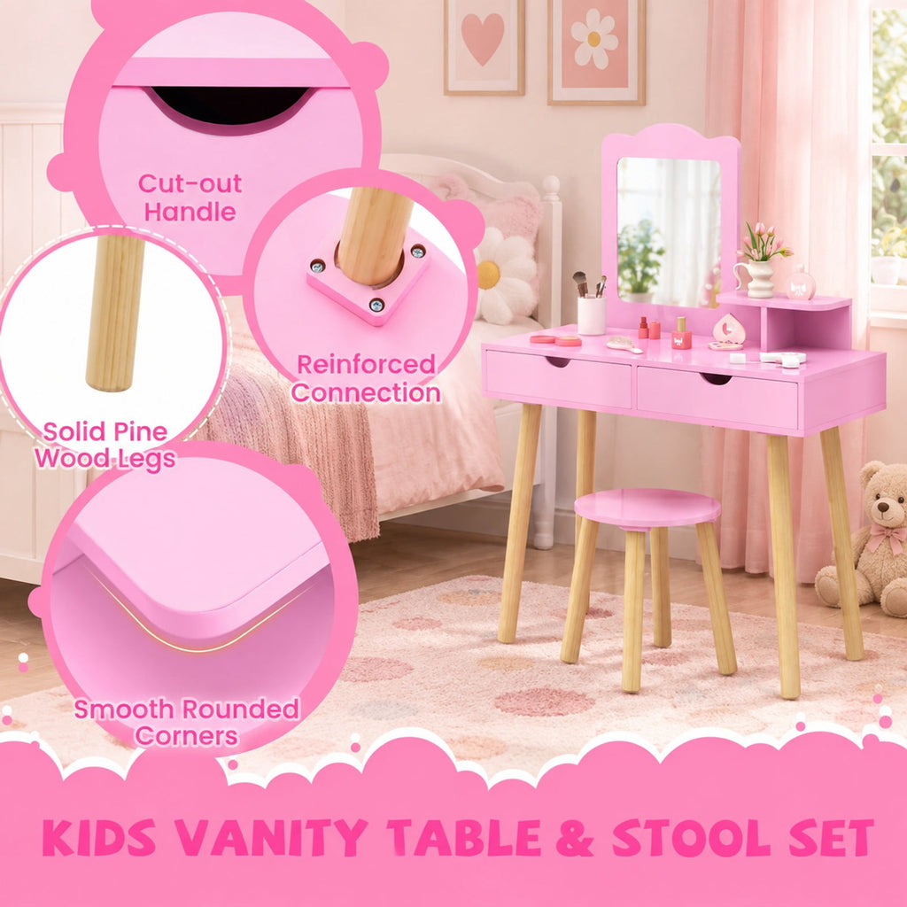 Airfind Kid Vanity Table Chair Set with Mirror and 2 Large Storage Drawers, 44 lbs Capacity, Pine wood MDF Frame, 28in x 13in x 39in Footprint, Pink