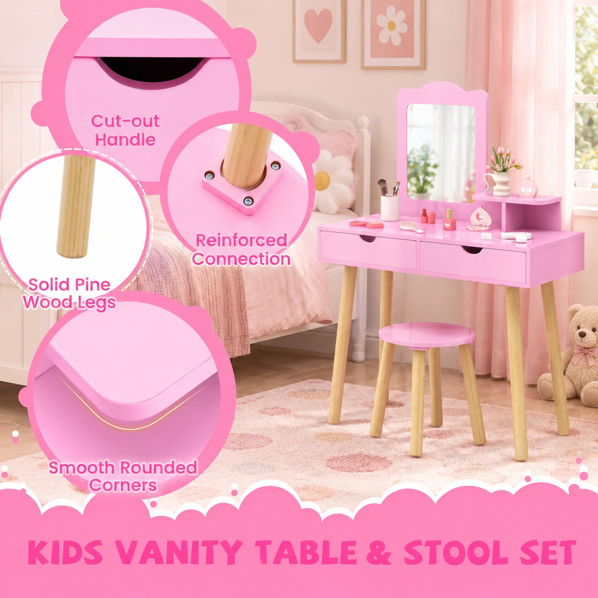 Airfind Kid Vanity Table Chair Set with Mirror and 2 Large Storage Drawers, 44 lbs Capacity, Pine wood MDF Frame, 28in x 13in x 39in Footprint, Pink