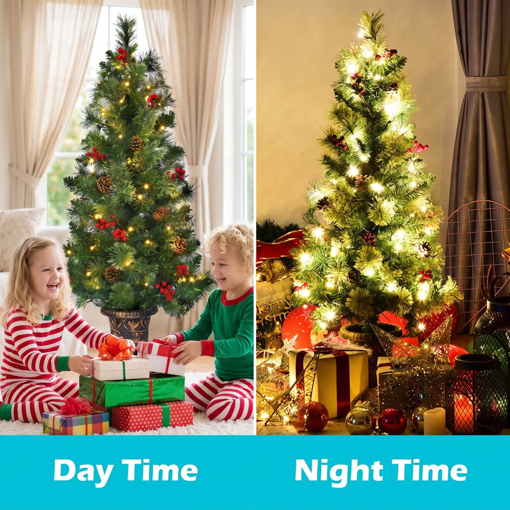 Airfind LED Christmas Tree with Red Berries Pine Cones-3, PVC Metal Cement Tree Height 3 ft 4 ft 5 ft Tree Width 15 22 26 Frame, Red