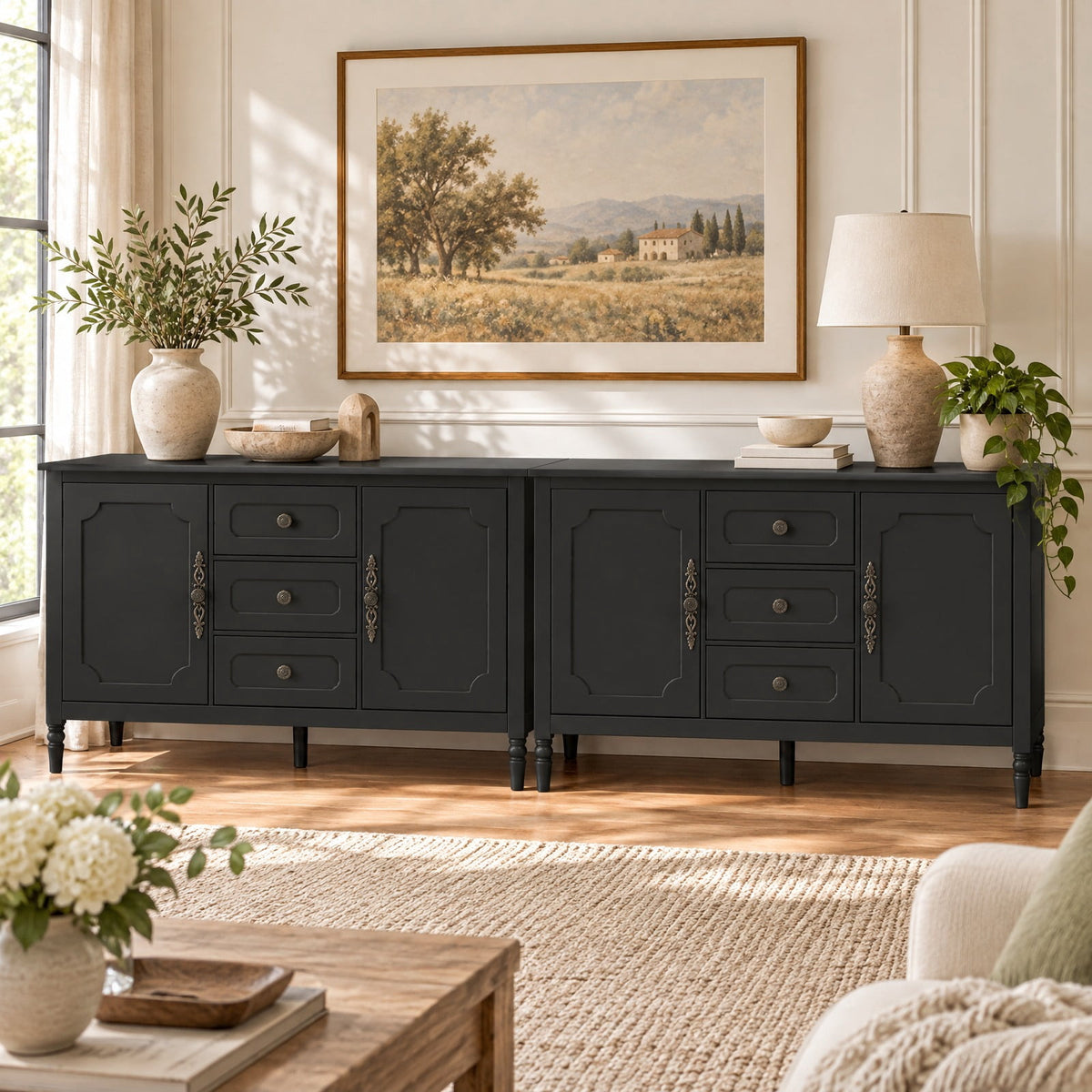 Airfind 47 Inch Vintage Buffet Cabinet with 3 Drawers 2 Cabinets and Adjustable Shelves for Dining Room, 110 lbs Capacity, 47 Inch x 15.5 Inch x 31.5 Inch Footprint