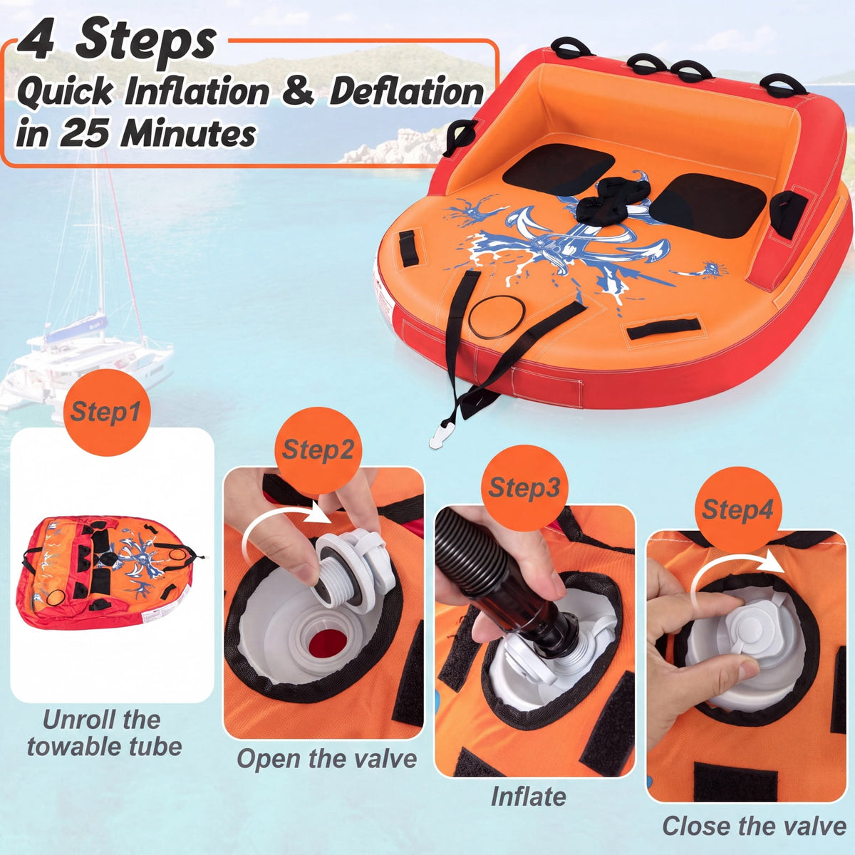 Airfind 2 Person Water Sport Inflatable Towable Tube for Boating with High Backrest and Padded Handles for Lake River and Sea Riding, Orange