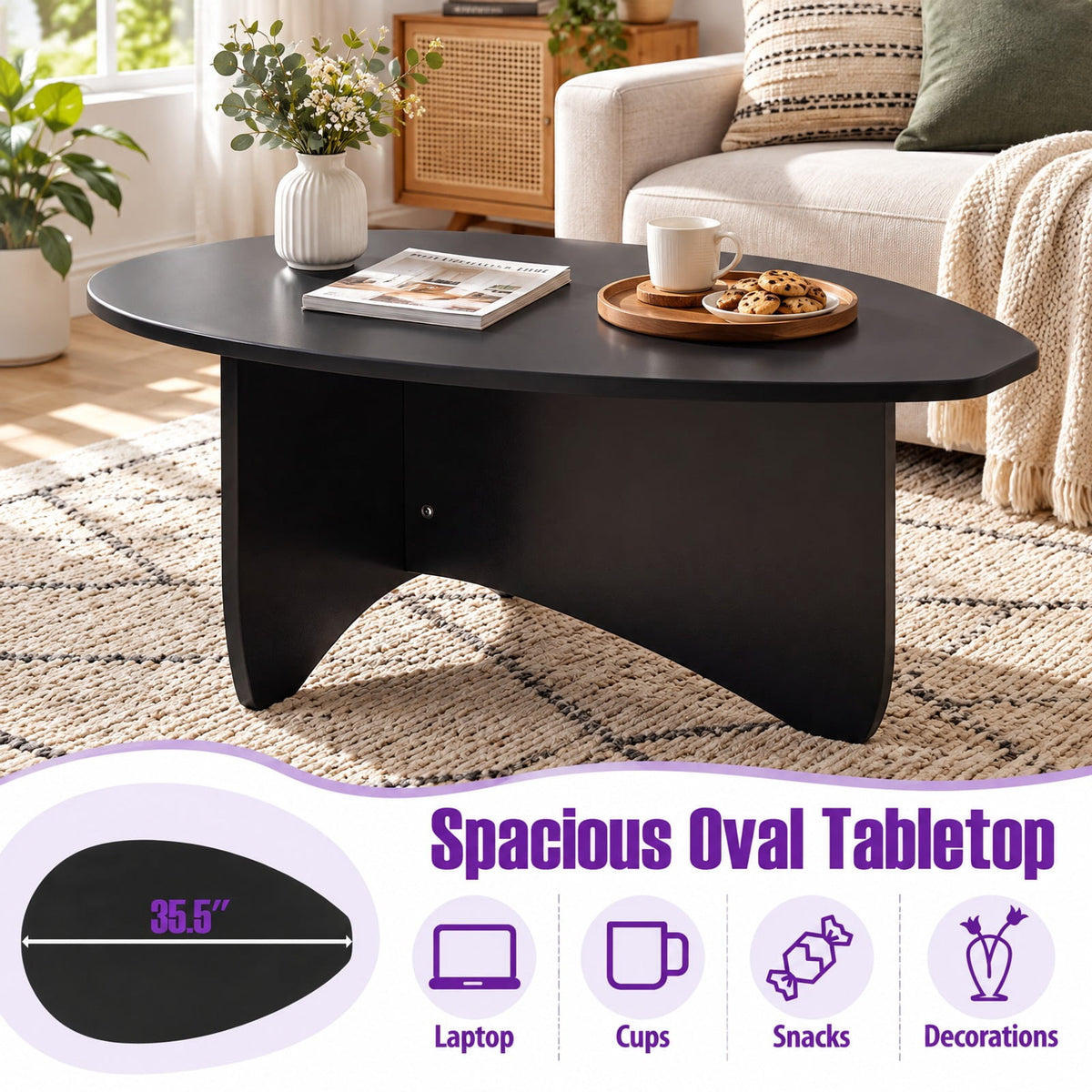 Airfind Oval Coffee Table Mid Century Modern Accent Table Low Profile Wooden Center Table, 35.5 x 21.5 x 15Weight Footprint, Black