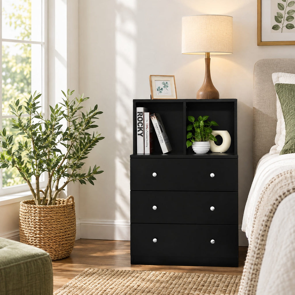 Airfind 3 Drawer Dresser with Cubbies Storage Chest for Bedroom Living Room, Engineered wood metal Frame, 24in x 16in x 37in Footprint, Black
