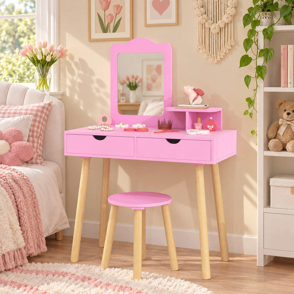 Airfind Kid Vanity Table Chair Set with Mirror and 2 Large Storage Drawers, 44 lbs Capacity, Pine wood MDF Frame, 28in x 13in x 39in Footprint, Pink